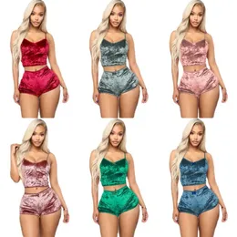 Kadınlar Seksi Strappy Pijama Set Kadın Velvet Polyester Konforlu V yaka iç çamaşırı ev kıyafetleri 2 parça kolsuz