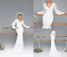 Eva Lendel 2020 sjöjungfru bröllopsklänningar Långa ärmar västra billiga blygsamma v hals brudklänningar plus storlek bröllopsklänning3159140