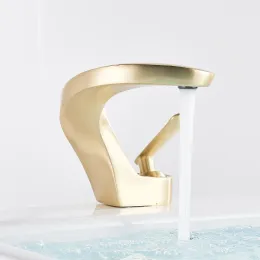 Rozin Basin Faucets Brushed Gold Modern Bathroom Mixer Faucet Brass Deck Mount Simple Design Sink Crane Cold Hot Water Mixerタップ