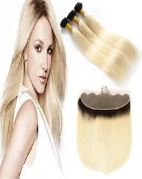 Dark Root Ombre 1B 613 Blonde Two Tone Human Hair Weft Bundles With Full Frontals Honey Blonde Ombre Hair Weaves With Frontal Clo5923448