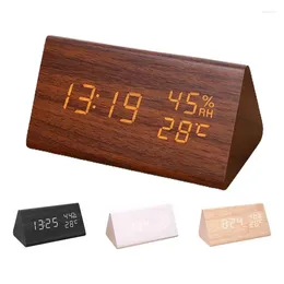Bordsklockor trä väckarklocka batteridriven skrivbord med luftfuktighetstemperatur röststyrning justerbar ljusstyrka stor