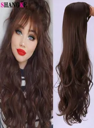 Shangke Wavy Wavy Wavy Wigs para mulheres resistentes à fibra de calor cor de chocolate marrom preto com franja Cosplay Fake Hair7388244