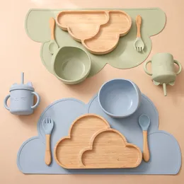 6Pcs Wooden Clouds Dinner Plate Silicone Baby Feeding Set Baby Feeding Supplies Kids Bamboo Dinnerware Baby Tableware Gift Set