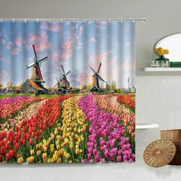 チューリップヒマワリの花の庭シャワーカーテンサマートラベルカントリーハウス風車バスルーム装飾防水布スクリーンcurt203x