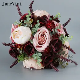 Janevini Vintage Burgundy Roses Western Handmade Bridal Bouquets Brides Holding Silk Flower