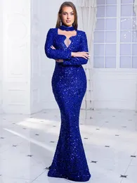 Party Dresses Romagic Blue Sequin Elegant O Neck Women Evening Dress Long Sleeves Gown Floor Length Homecoming 2024