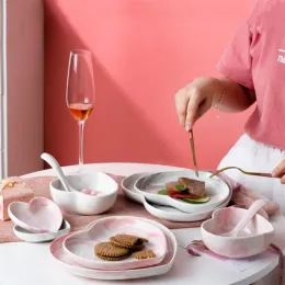 Nordic Marble Heart Shape Dinner Plate Plato de sobremesa Dish Food Rice Sopa Macarrão Jóias de joalheria Bandeja de cozinha Cerâmica Conjunto de utensílios de cozinha