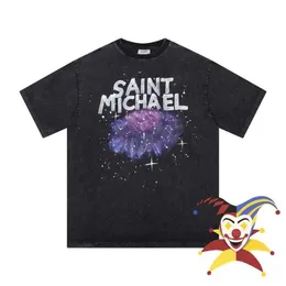 Men's T-Shirts Purple Graffiti Hand Drawn Print Saint Michael Washed Tee Men Women T-shirt Tops Short Sleeve Tee J240409