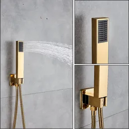 LED -termostatisk duschkran Guld Polerad Regn Shower Head Wall Mount Abs Plastic Hand Shower Hot Cold Mixer 2/3 Way Bath