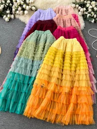 Scherma Skirts Fashion Mesh Long Skirt 2024 Women Office Gradient Streetwear Irregular Streetwear Elastic Waist A-Line Summer Cake