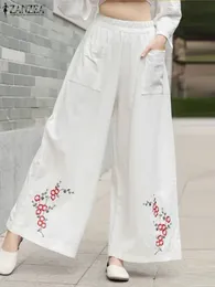 Zanzea Women Flowers Вышивка длинные брюки широкие штаны для ног винтажные эластичные талию Pantalon Summer Casual Femme 240402