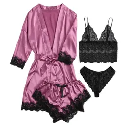 Sexy Women Home Dressing Gown Lingerie Lace Patchwork Satin Robe Set Nightwear Casual Sleepwear Kimono Bathrobe Home Nightdress