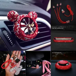 New Red Rhinestone Interior Accessories for Women Diamond Steering Wheel Cover Crystal Car Mount Holder Keychain Tissue Box Deco