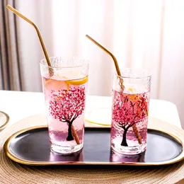 Romantico Scrittura A Mano Sakura Tazza di Vetro Senza Piombo trasparente Acqua Potabila Tazza Martello Modello Giapponese Cherry Blossom Juice Cup Cup Cup Cupupop