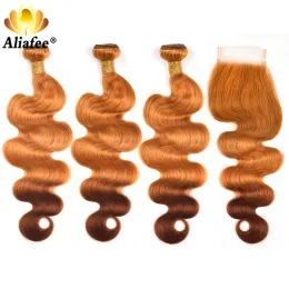 Orange Brown Ombre Colored 5 × 5 إغلاق مع حزم الشعر البرازيلية حزم الشعر البشرية مع إغلاق الدانتيل 4x4