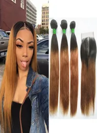 Brazilian Straight Human Hair Weave 3 Bundles with 4X4 Middle Part Lace Frontal Closure Ombre Color Two Tone 1B30 Virgin Hair E7408839