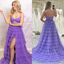 Lilac Cut-Out Prom Dress Pleat Ruffle Tulle Pageant Winter Formal Event Evening Party Runway Black-Tie Gala Hoco Gown Wedding Guest Bridesmaid Baby Shower High Waist