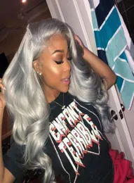 Mörkgrått Human Hair Spets Front Wigs Black Women Wavy 130 Density Silver Grey 10a Remy Virgin Hair Lace Frontal Wig Pluck12521834418203