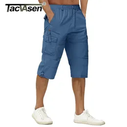 TACVASEN Cotton Cargo Shorts Mens 34 Knee Length Work Multi Pocket Summer Casual Cropped Trousers Male 240403