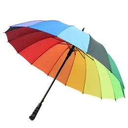 20st Rainbow Paraply Lång handtag Hook 16K Högkvalitativ rak vindtät färgglada Pongee Women Men Sunny Rain LL