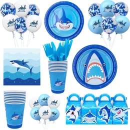Blue Shark Whale Birthday Party Materia do dyspozycji rekina/kubki/balon/obrus rekinowy zapasy baby shower dekoracje