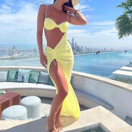 Bikini giallo Melphieer copre spaghetti cinghia sexy maxi abito maxi abito estate da donna abito da sole a cassetta