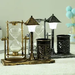Timer de ampulheta retro criativo Timer de areia Relógio de areia com lâmpada noturna do suporte para caneta para mesa Presente de decoração para casa