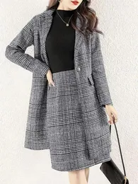 Vestidos de trabalho outono de inverno Bandagem de lã Blazer Office Mulheres 2 Peças Conjunto de mangas compridas coreanas e saia A-line da cintura alta midi