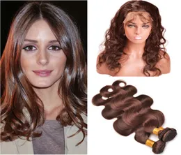 4 Średnie brązowe peruwiańskie dziewicze włosy ludzkie fala ciała z 360 zamknięciem 225x4x2 Czekolada Brown 360 Full Lace Frontal z 3862621