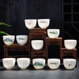 2 pcs/set Chinese Ceramic Teacup Suet jade Coffee cup Handmade small Tea Bowl Porcelain Tea set Accessories Personal Single Cup