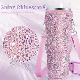 Utomhus H2.0 40oz Tumblers Hanterar lock Straw Thermos -flaskor med glänsande Rhinestone Protect Hanging Bag Mugs Rostfritt stål Coffee Termos Cup Camping Sports Travel