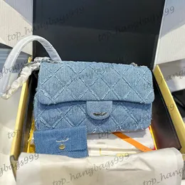 Luxus -Designer Blue Denim Classic Klappe gestackte Umhängetaschen Quasten Silber Kette Crossbody Handtaschen Make -up -Geldbörse Brieftaschenbrieftasche 25 cm