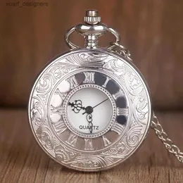 Pocket Watches Fashion Silver Hollow Dial Steampunk Quartz Pocket Stainless Steel Pendant Chain Gift For Men Women Friend Y240410