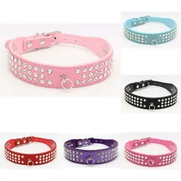 Personalized Length Suede Skin Jeweled Rhinestones Pet Dog Collars Three Rows Sparkly Crystal Diamonds Studded Puppy Dog Collar