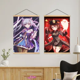 Tryck Genshin Impact Wood Hanging Canvas Anime Home Decor Barbara Gunnhildr Affisch Aether Wall Art målning Modulära bilder