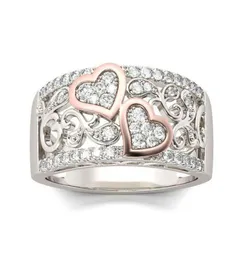 Romantyczny różowy złoto kolor podwójne serce dla kobiet moda Pełna cyrkon Pierścień Pierścień Pierścień Urocze kobiety biżuteria 5924249