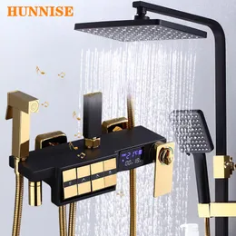Luxus Klavier thermostatischer Duschsystem Neues Messing Wasserfall Badezimmer Wasserhahn LED -Temperatur Display digitaler Baddusch -Set