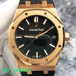 Grestest AP Wrist Watch Royal Oak Series 15500 ou mostrador preto com alça de borracha relógio de ouro 18k Máquinas automáticas de ouro rosa