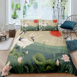 Japansk kran duvet täcker kung queen size wave blommor ukiyo-e stil sängkläder set östra kultur 2/3 st polyester täcke täckning