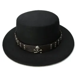 Luckylianji Women Men Vintage Wool Felt Wide Brim Top Cap Pork Pie Porkpie Bowler Hat Skull Bead Leather Band 57CMadJust 240410