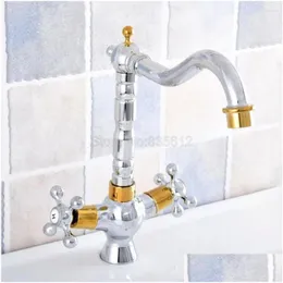 Kitchen Faucets Basin Chrome Gold Color Brass Faucet 360 Rotation Dual Handle Tap Mixer Taps Bathroom Vessel Sink Tsf812 Drop Delive Dh06B