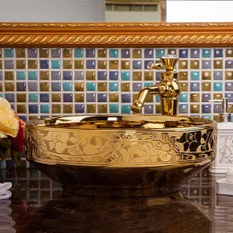 Goldene Badezimmer Waschbecken moderne Küchenspüle kreative Badezimmer -Armaturen rundes Waschbecken Toilette Keramik Luxus Arbeitsplatte Becken