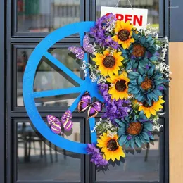 装飾的な花花柄の花輪スプリングブルーホイール型の玄関クリエイティブ木製ホイールデコレーションヒマワリシミュレーションボウ
