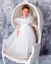 Vestidos de menina de flor de tule de polca-ponto ilusão mangas compridas crianças vestido formal penhas o pescoço saia pufffy infantil desgaste da festa