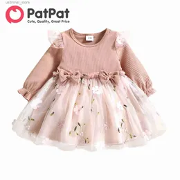 Vestidos de menina vestido de bebê roupas de bebê roupas recém -nascidas, vestidos de festa infantil, malha floral com nervuras de nervuras rosa para crianças recém -nascidas L47