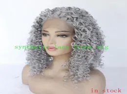 Fashion Girl Party Hair Wigs In Stock Gray Grey 18 inch Short Hair Afro Kinky Curly Synthetic Lace Front Wig For Women57354728682330