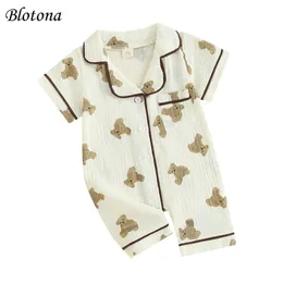 Blotona Byboys Girls Summer Jumpsuit Pajama半袖ラペルベアプリントアップスリープウェア024Months 240325