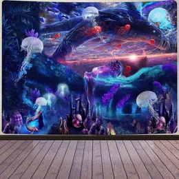 Trippy Sea Tapestry Whale Jellyfish Aubersies World Underwater Mysterious Space Wall sospeso Blu Purple Cosmic Galaxy