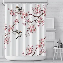 Pink Cherry Blossom Peach Blossoms Shower Curtain White Background Girl Bathroom Waterproof Polyester Cloth Screen With Hook Set