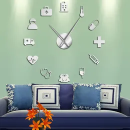 Medicin Heath Care Ambulance stor väggklocka DIY Akrylspegel Väggklistermärken Medicinsk väggkonst Hospital Clinic Decor Art Clock
